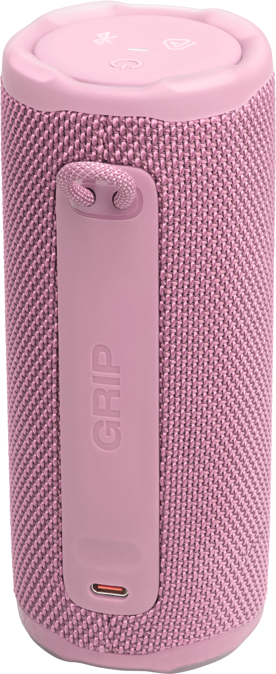 Ein pinker Bluetooth-Lautsprecher mit Stoffbezug und Tragegriff.