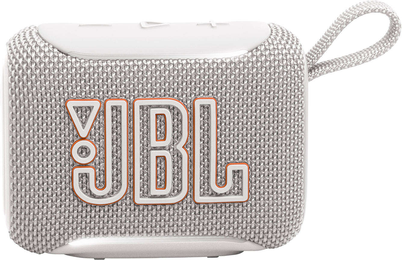 Un piccolo altoparlante JBL bianco con griglia in tessuto e tracolla.