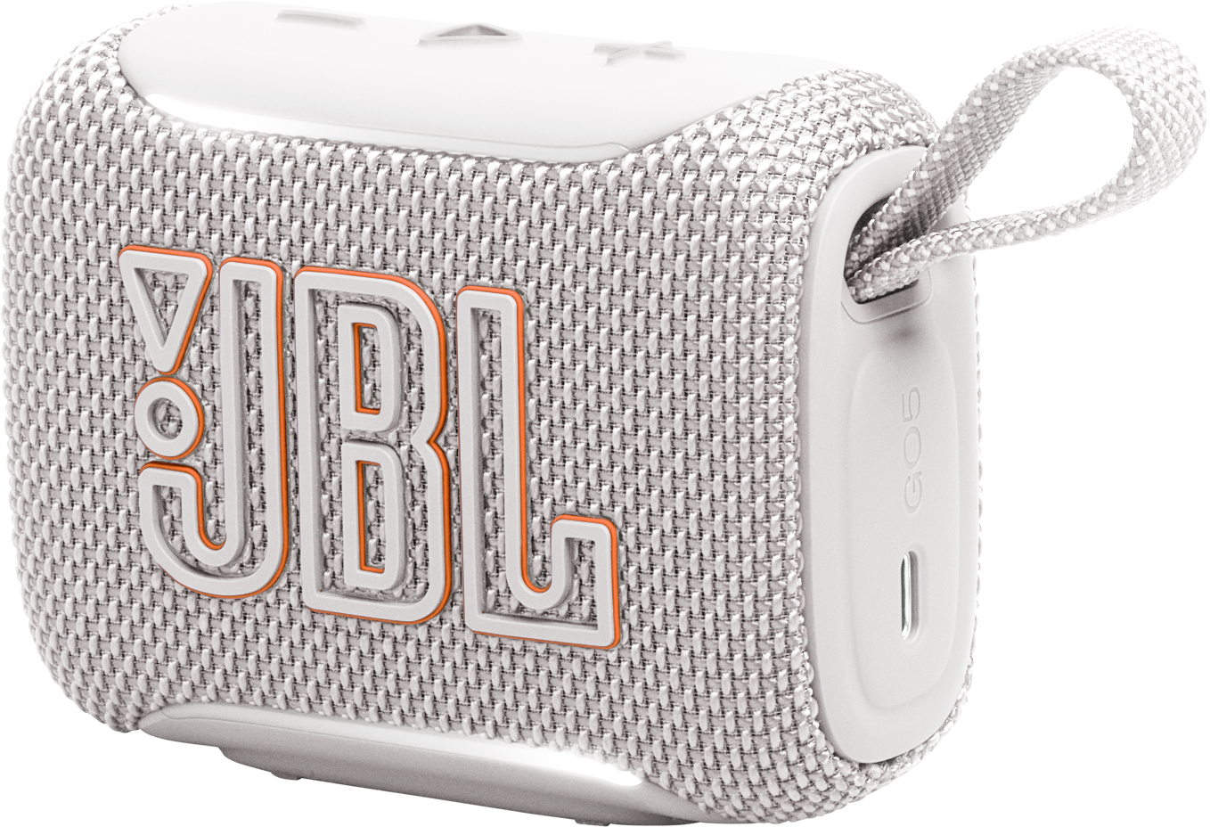 Altoparlante Bluetooth JBL Go 5 bianco con copertura in tessuto e logo arancione.