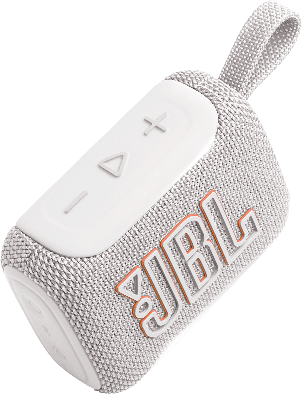 Altoparlante JBL bianco con copertura in tessuto e logo arancione.