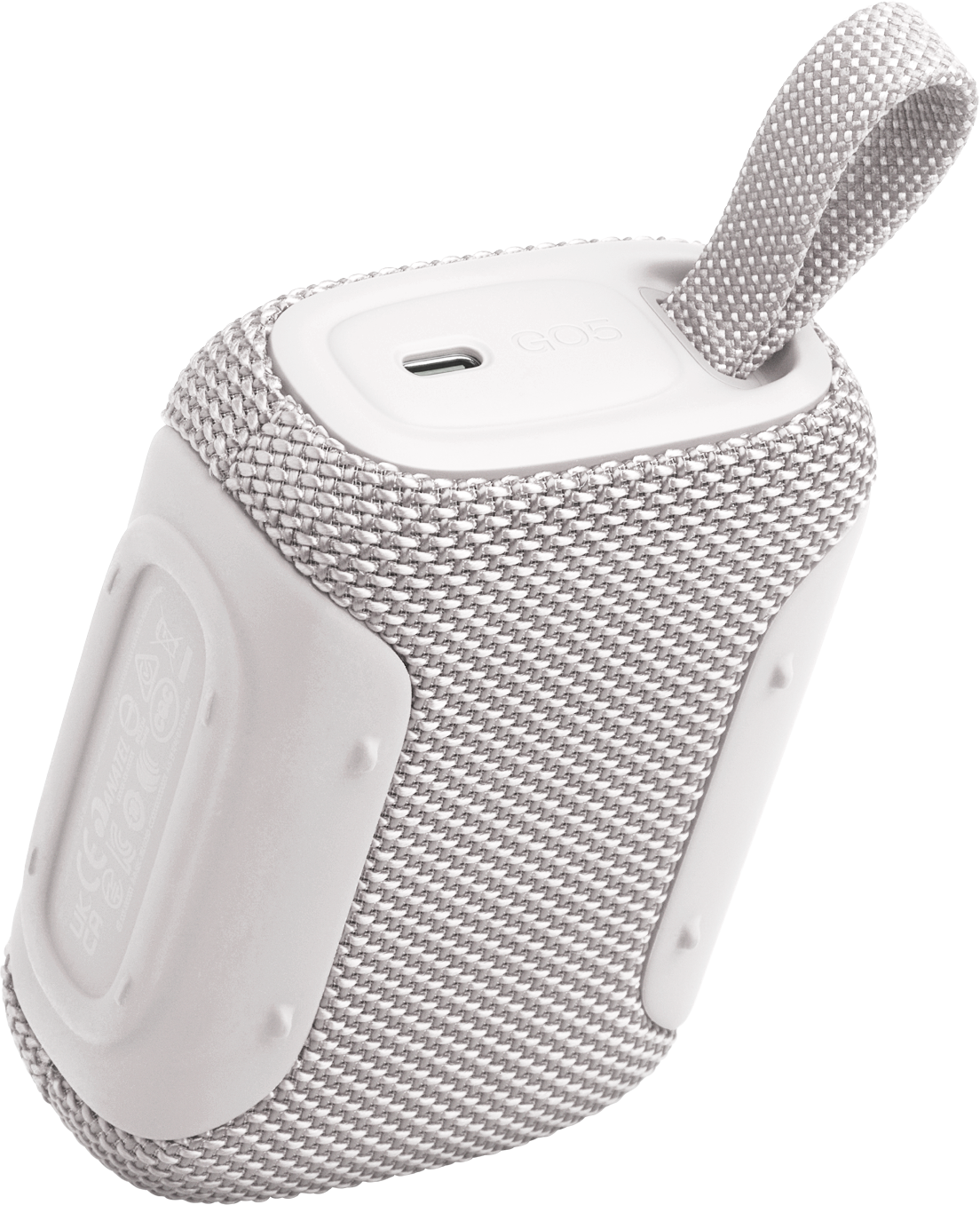 Altoparlante portatile bianco con cinturino e porta USB-C.