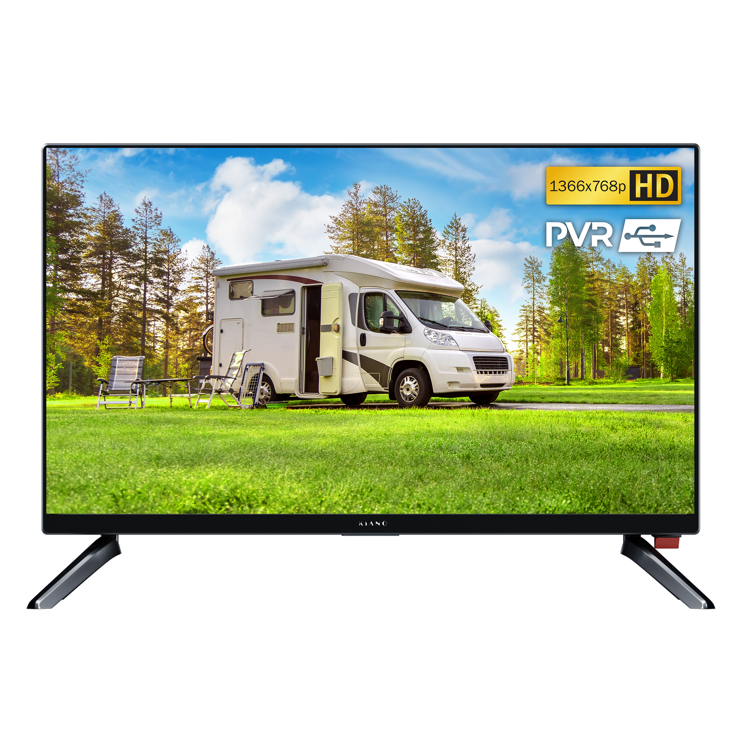 Kamper stoi na trawiastym polu z drzewami w tle.