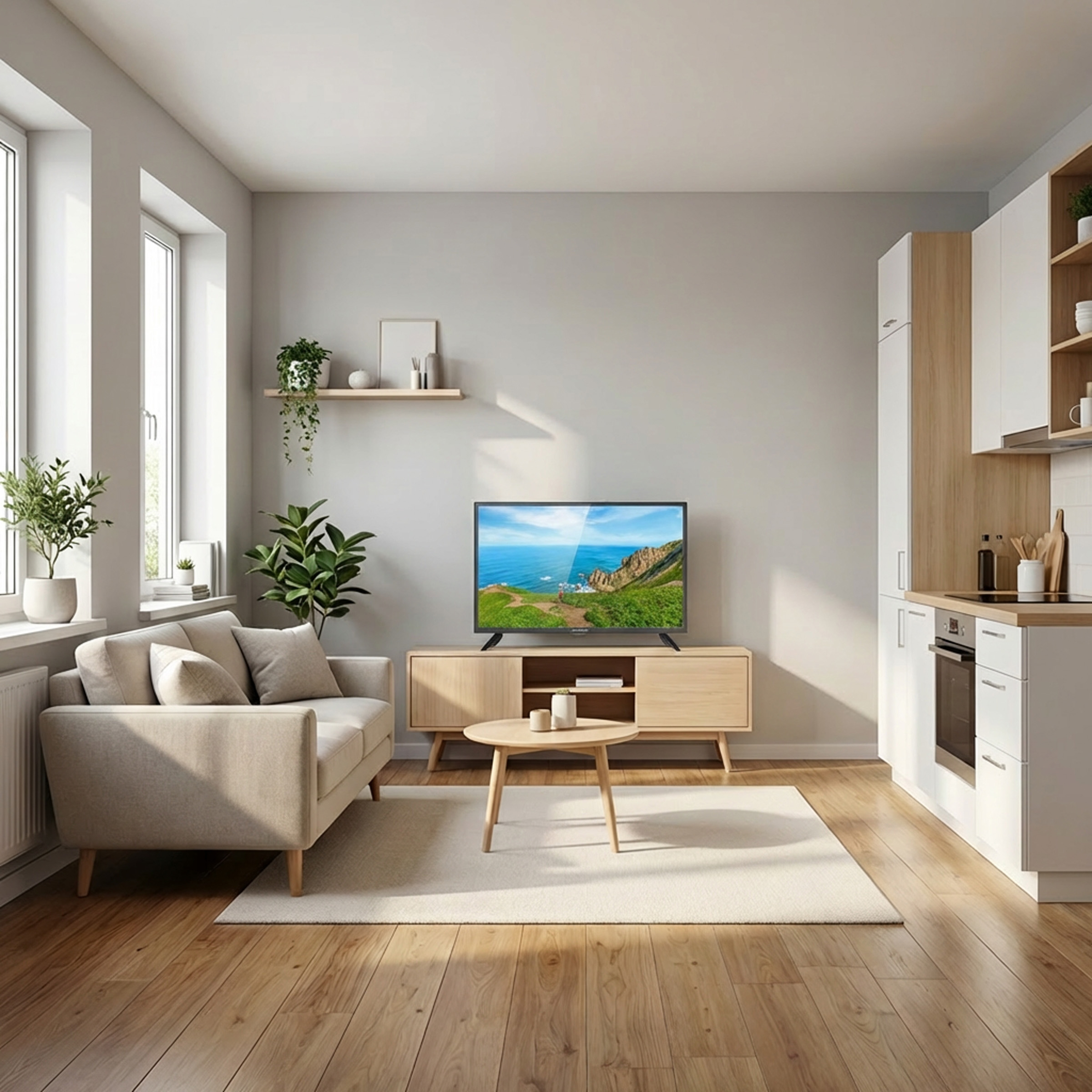 Jasny salon z sofą, szafką RTV i aneksem kuchennym. Drewniana podłoga.