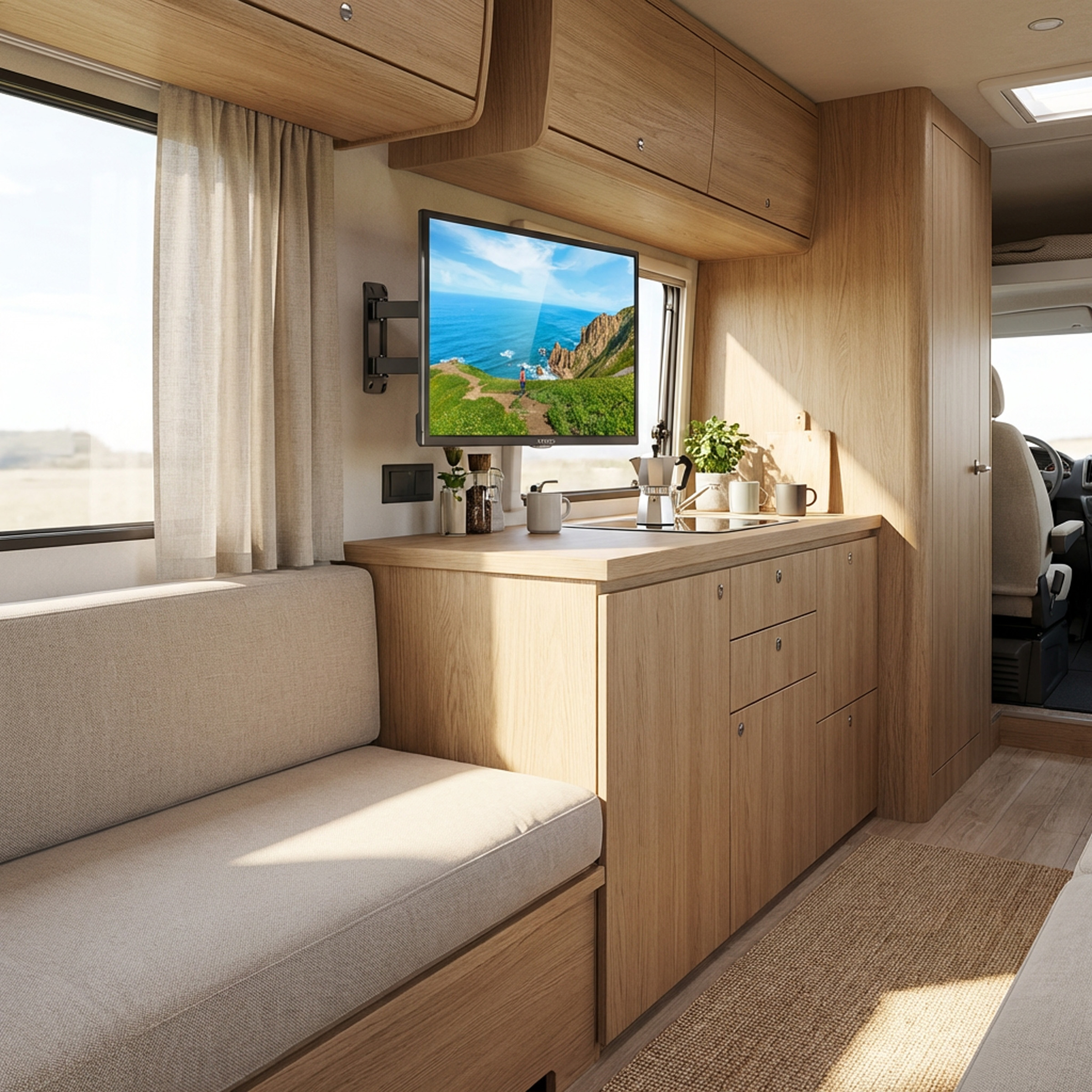 Wnętrze kampera z sofą, telewizorem i kuchnią. Widok na krajobraz na zewnątrz.