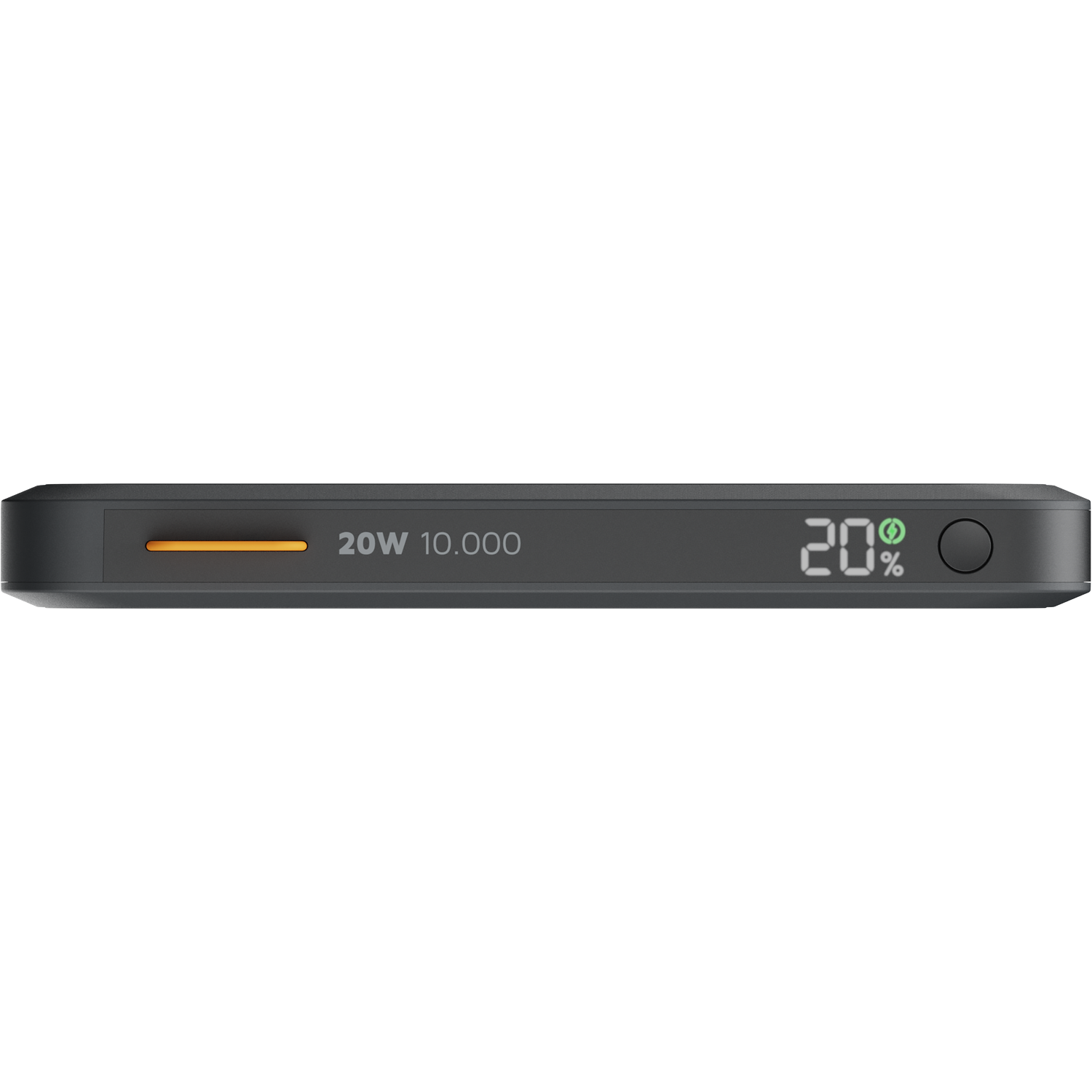 Gray power bank shows 20% charge, 20W, 10,000 mAh.