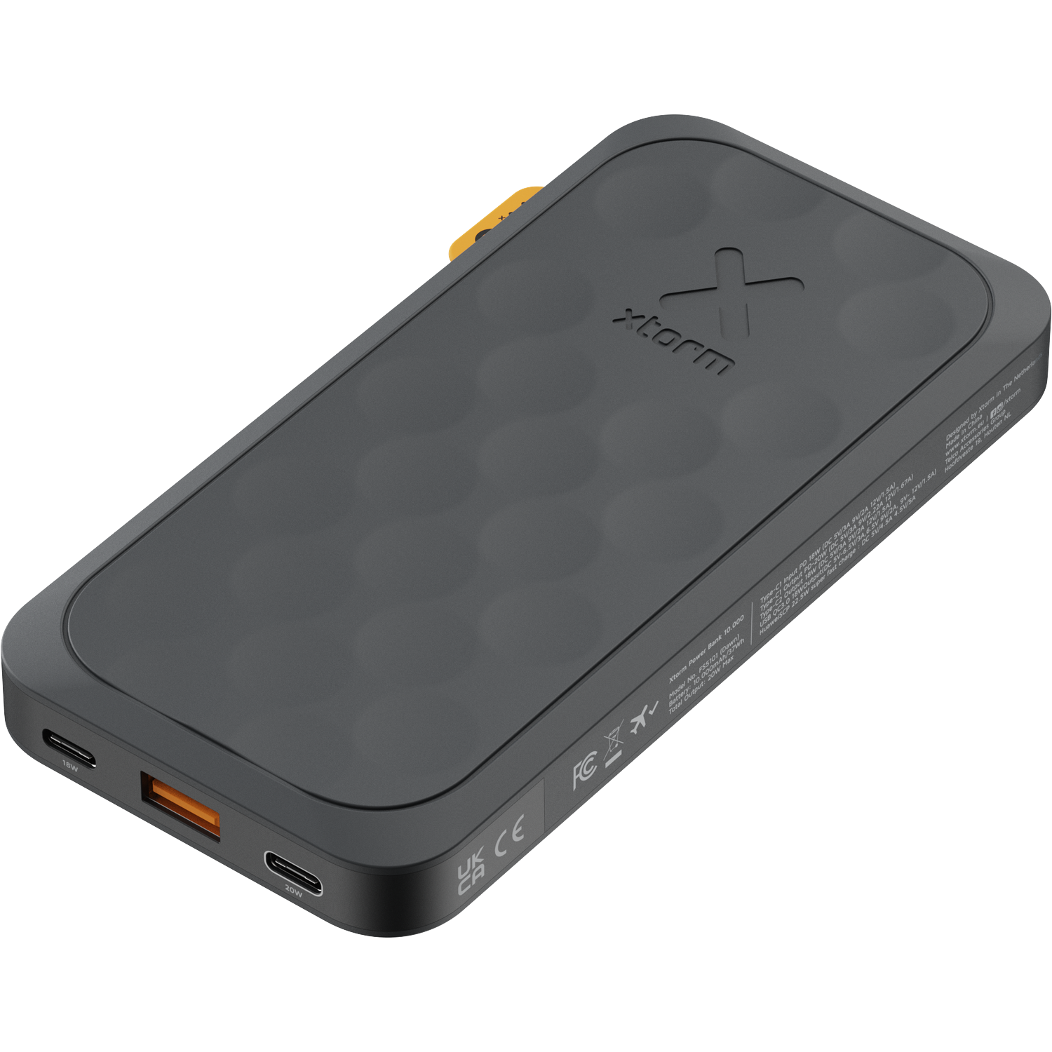 Dark gray Xtorm power bank with USB-C ports and a yellow tag.