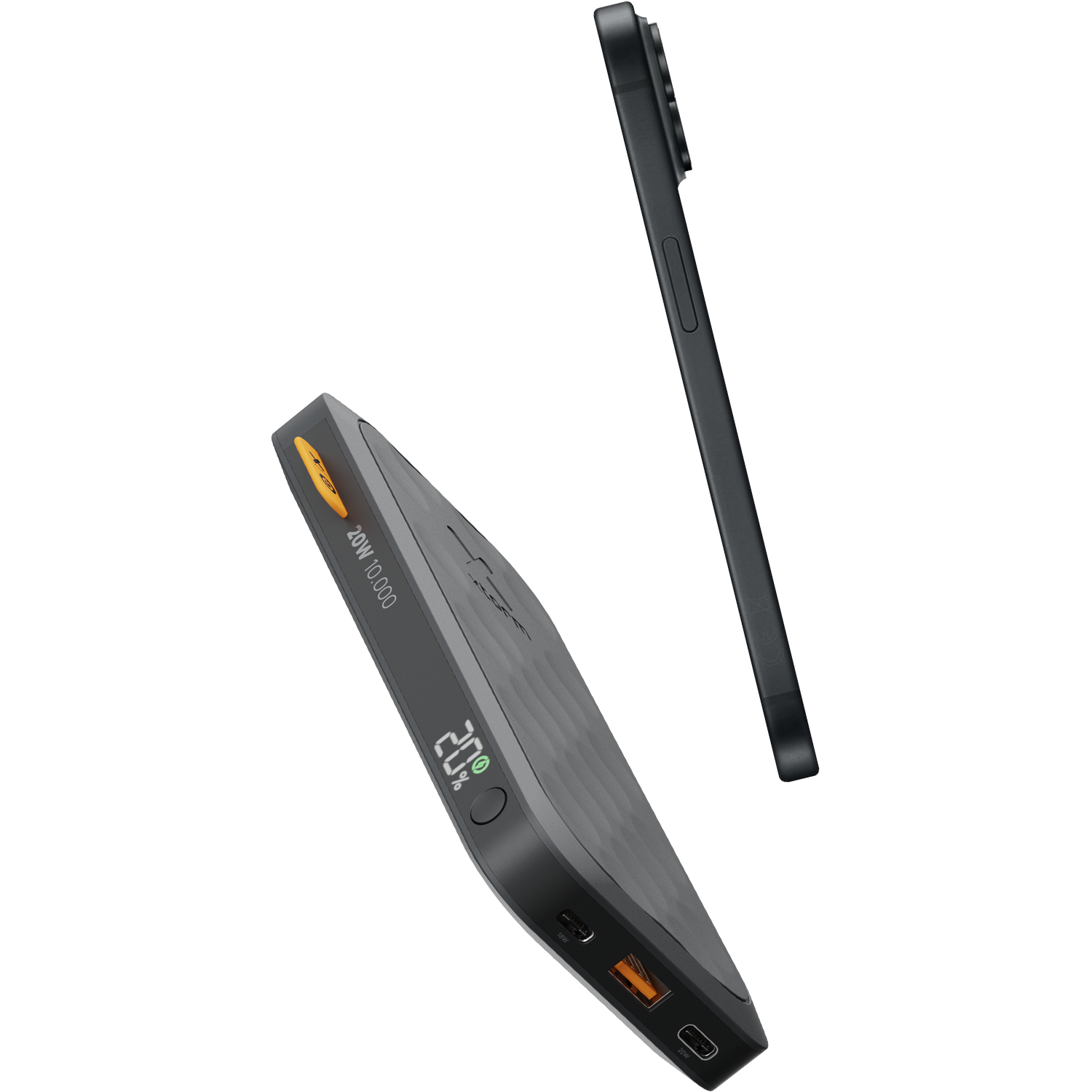 A black smartphone and a 20W 10,000mAh power bank on a white background.