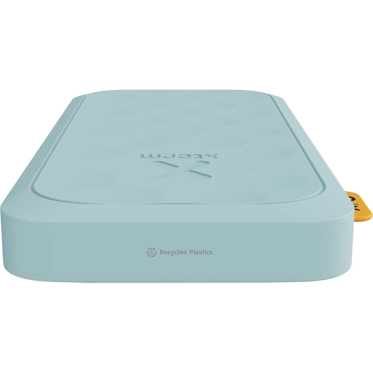 A light blue, rectangular device with a logo and 'Recycled Plastics' text.
