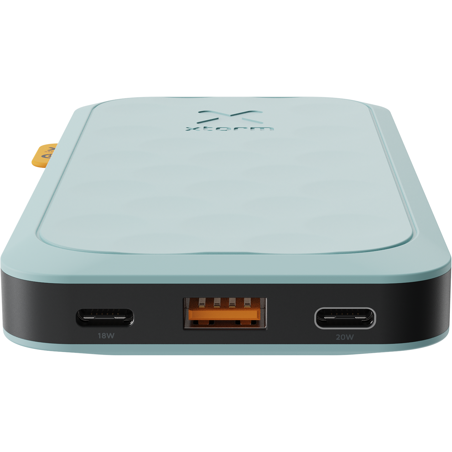 Light blue power bank with USB-C and USB-A ports, logo on top.