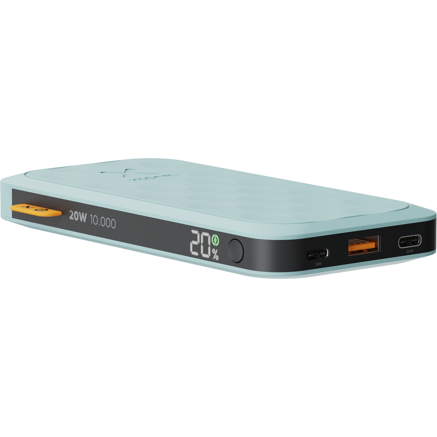Light blue power bank with 20W 10,000 mAh, 20% battery indicator.