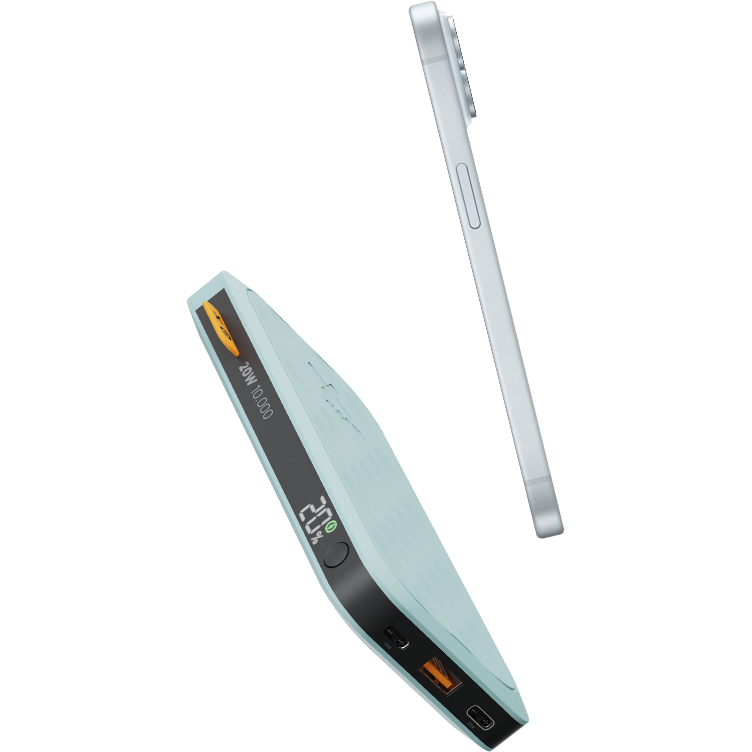 A light blue smartphone and a 20W 10,000mAh power bank.