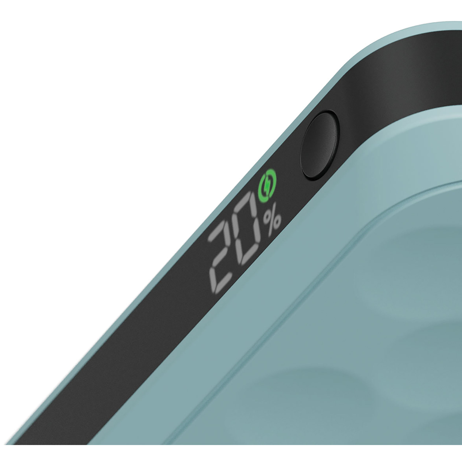 Light blue power bank showing 20% charge with charging icon.