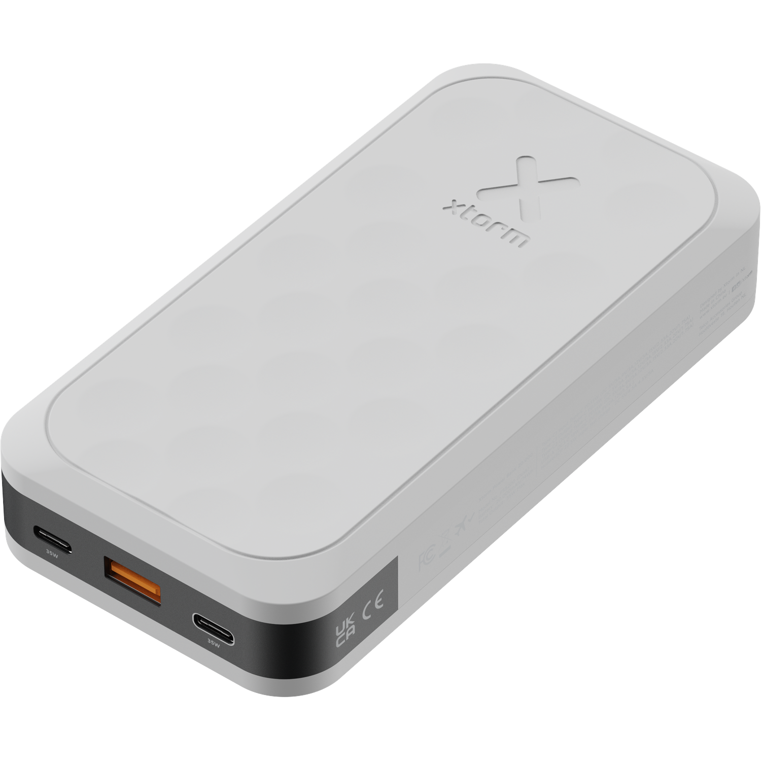 A white Xtorm power bank with USB-C ports and one orange USB-A port.