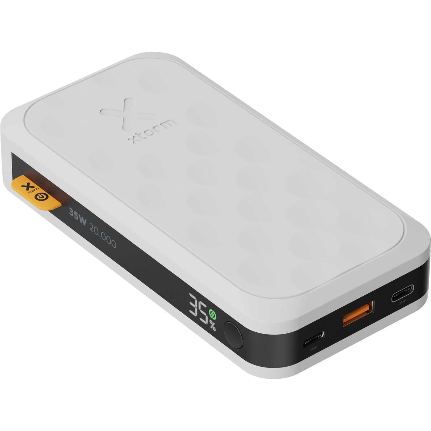A white Xtorm power bank with 35W and 20,000 mAh, digital display.