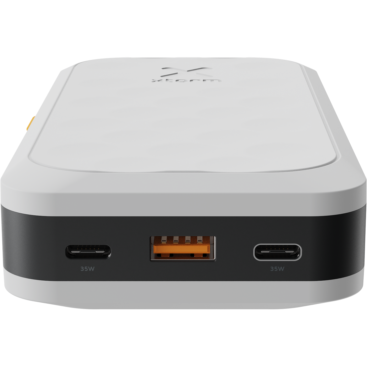 A white power bank with two USB-C ports and one USB-A port.