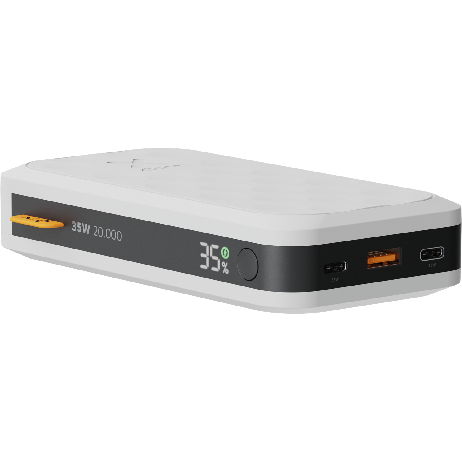 A white power bank with an orange USB-A and two USB-C ports.