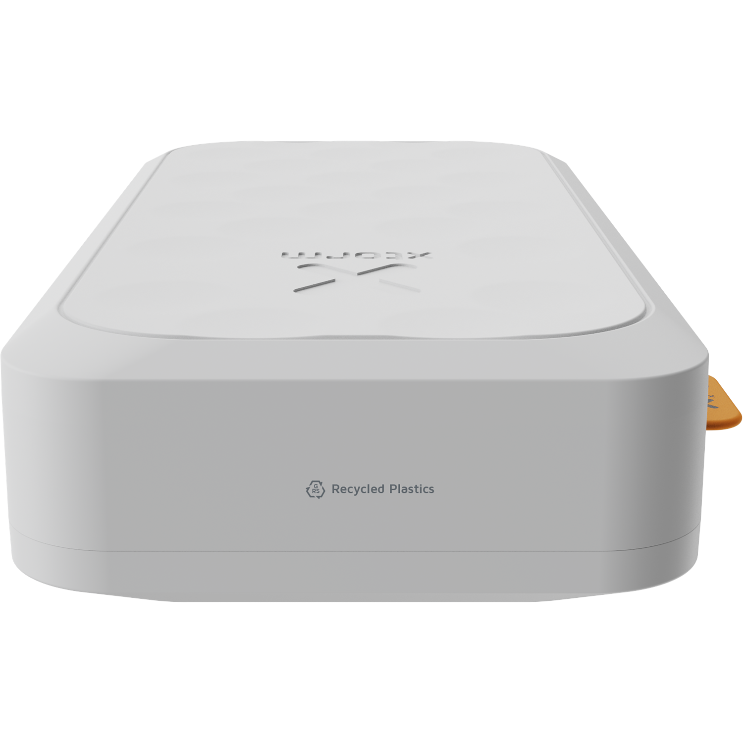 A white box with an orange handle and "Recycled Plastics" label.