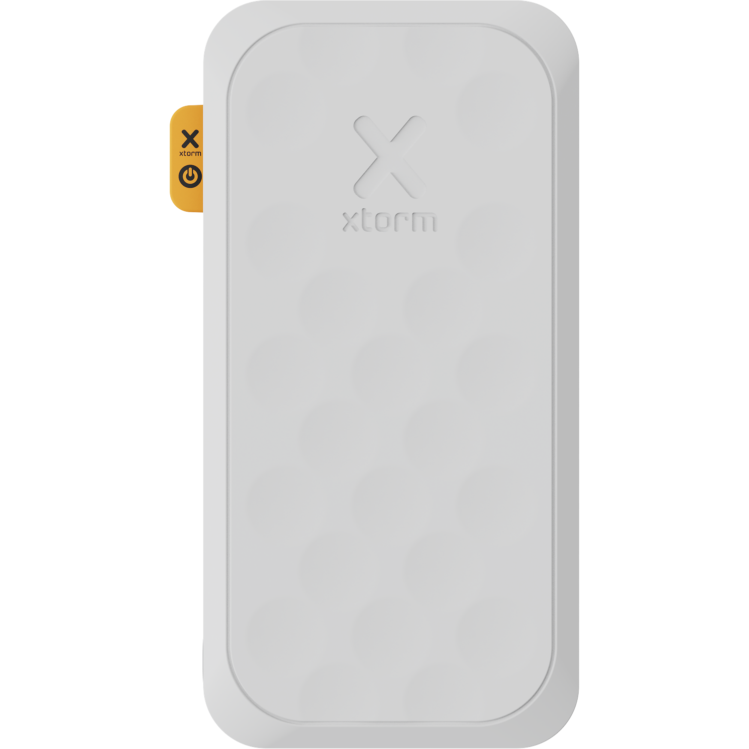 White rectangular Xtorm device with rounded corners. Yellow tag with icon.
