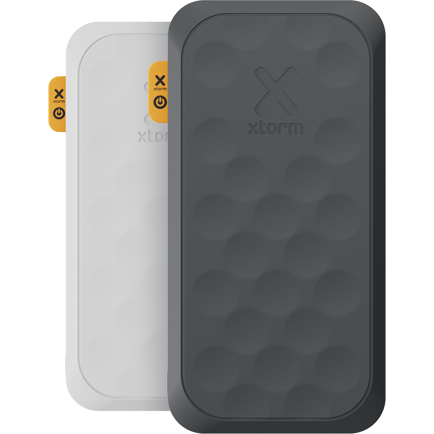 Two Xtorm power banks, one white and one charcoal, side by side.