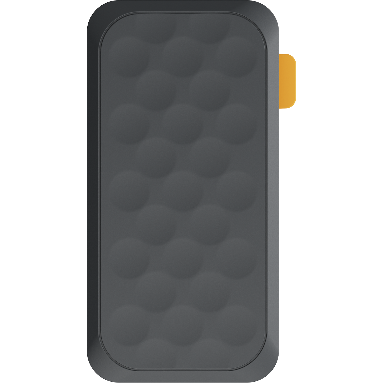 Dark gray, rectangular object with rounded corners and a waffle texture.