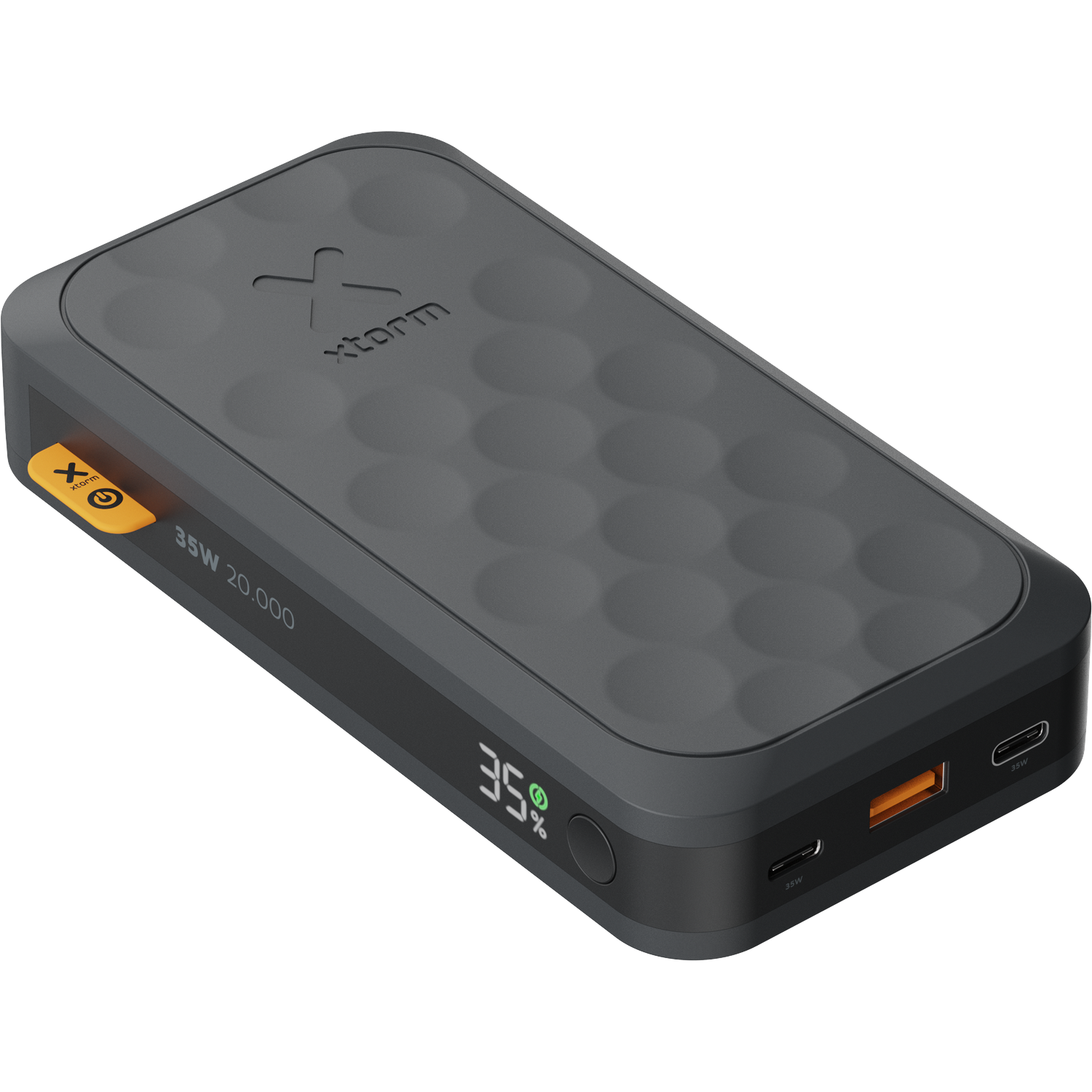 Gray Xtorm power bank with 35W, 20,000mAh and digital display.
