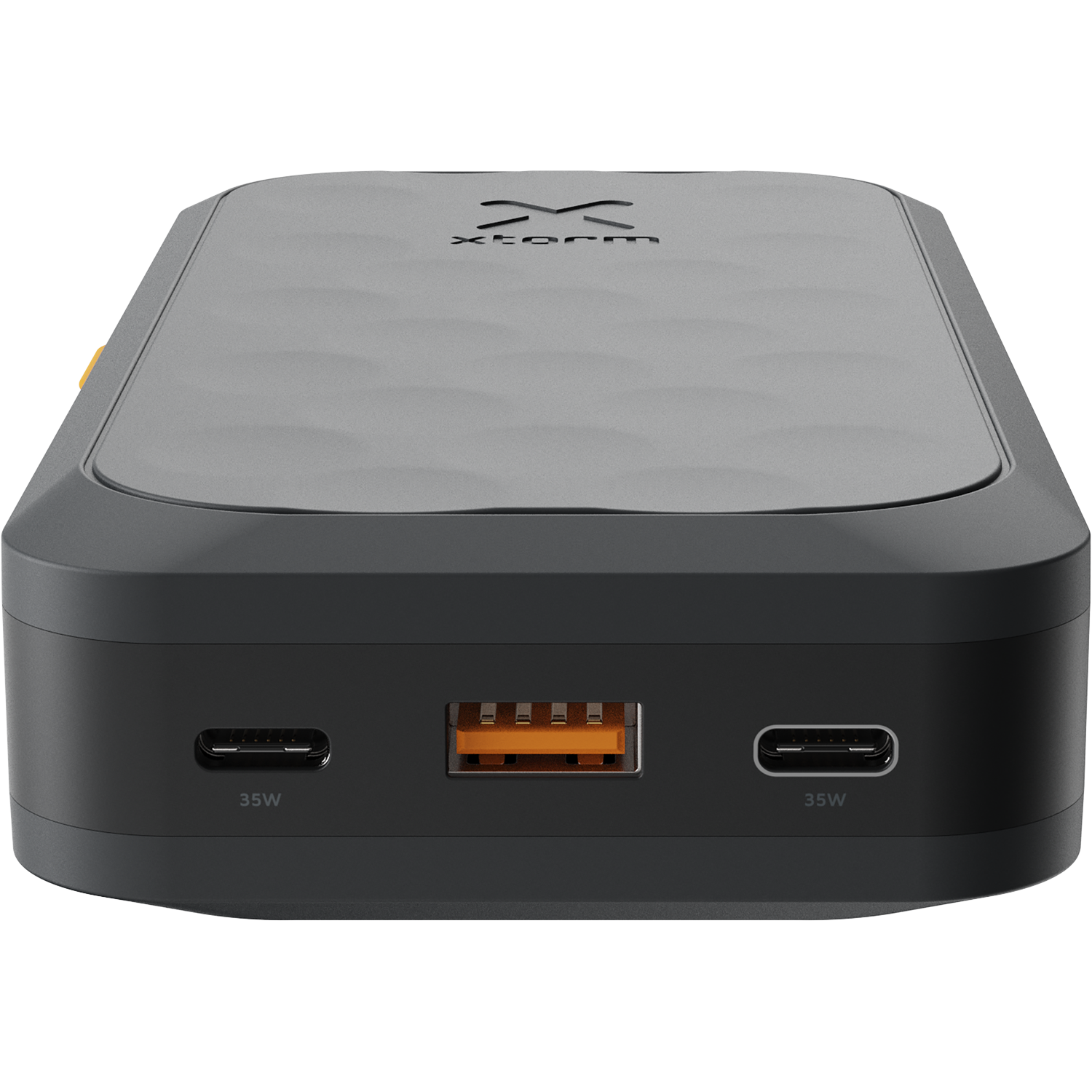 Gray Xtorm power bank with USB-A and two USB-C ports.