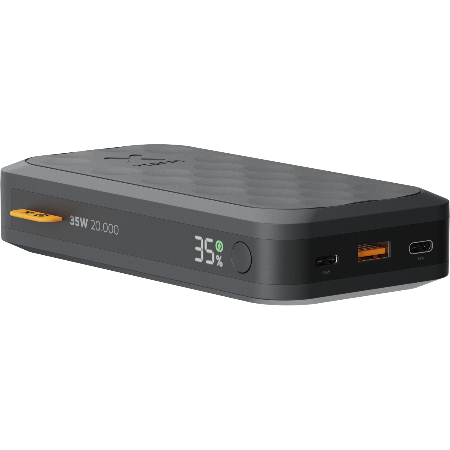 Gray power bank with 35W, 20,000mAh, three ports, and 35% charge indicator.