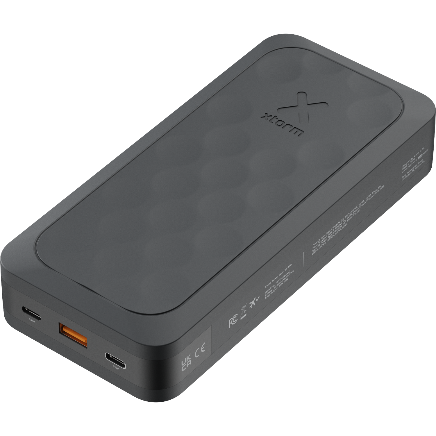 Grijze Xtorm powerbank met zichtbare poorten en logo.