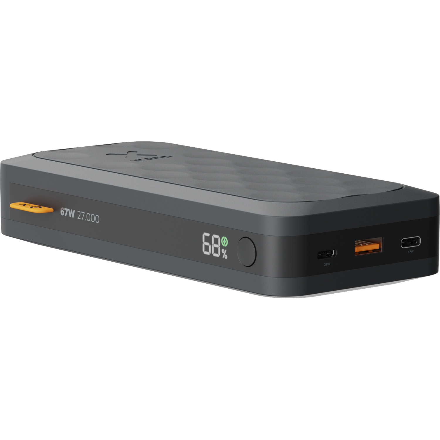 Grijze powerbank met USB-C en USB-A poorten, toont 68% lading.