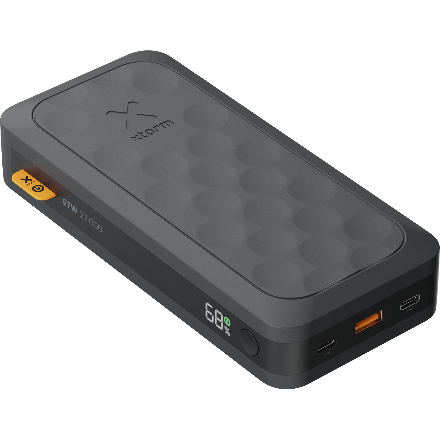 Grijze Xtorm powerbank met patroon, 67W, 27000mAh, 68% geladen.