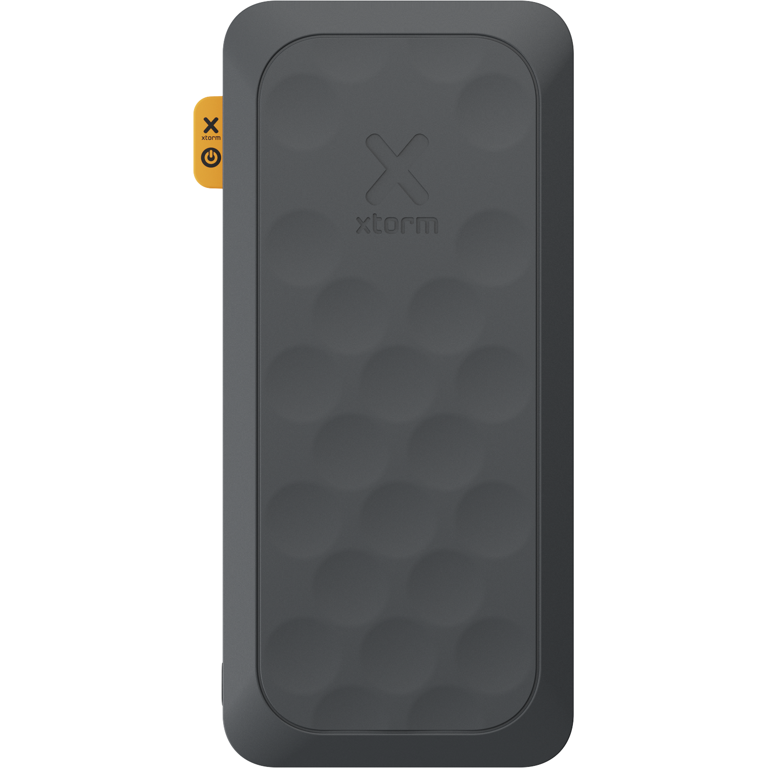 Donkergrijs Xtorm-oplader met honingraatpatroon en gele schakelaar.