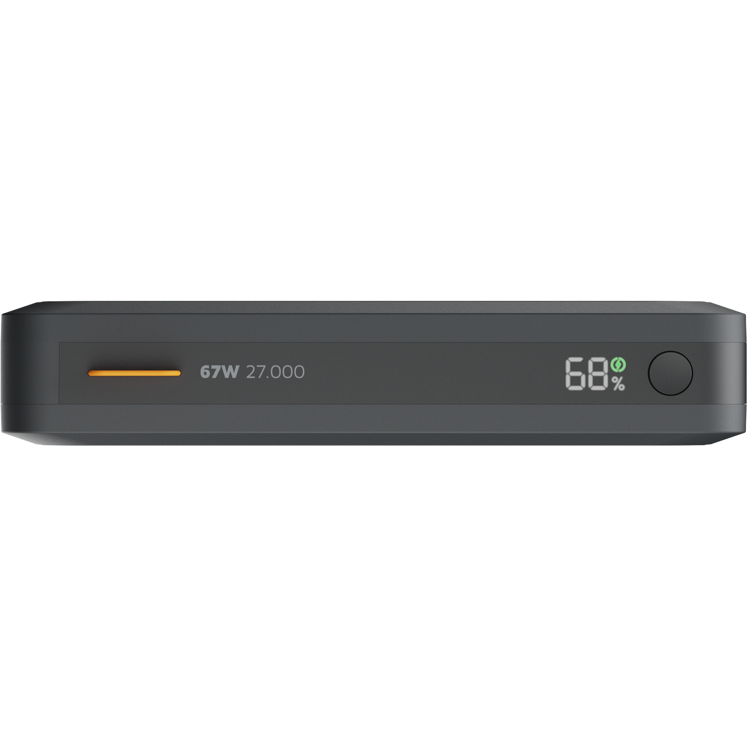 Grijze powerbank met 67W 27.000 display en 68% lading.