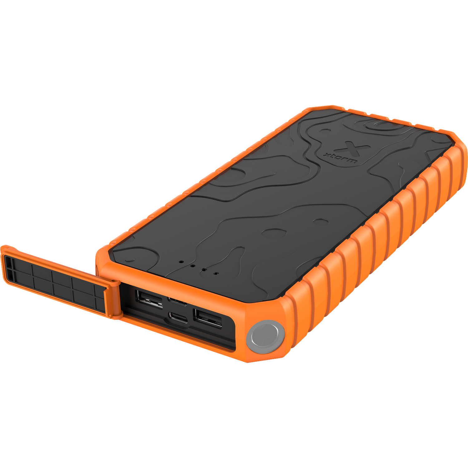 Een oranje, robuuste powerbank met zwart deksel en open poorten.
