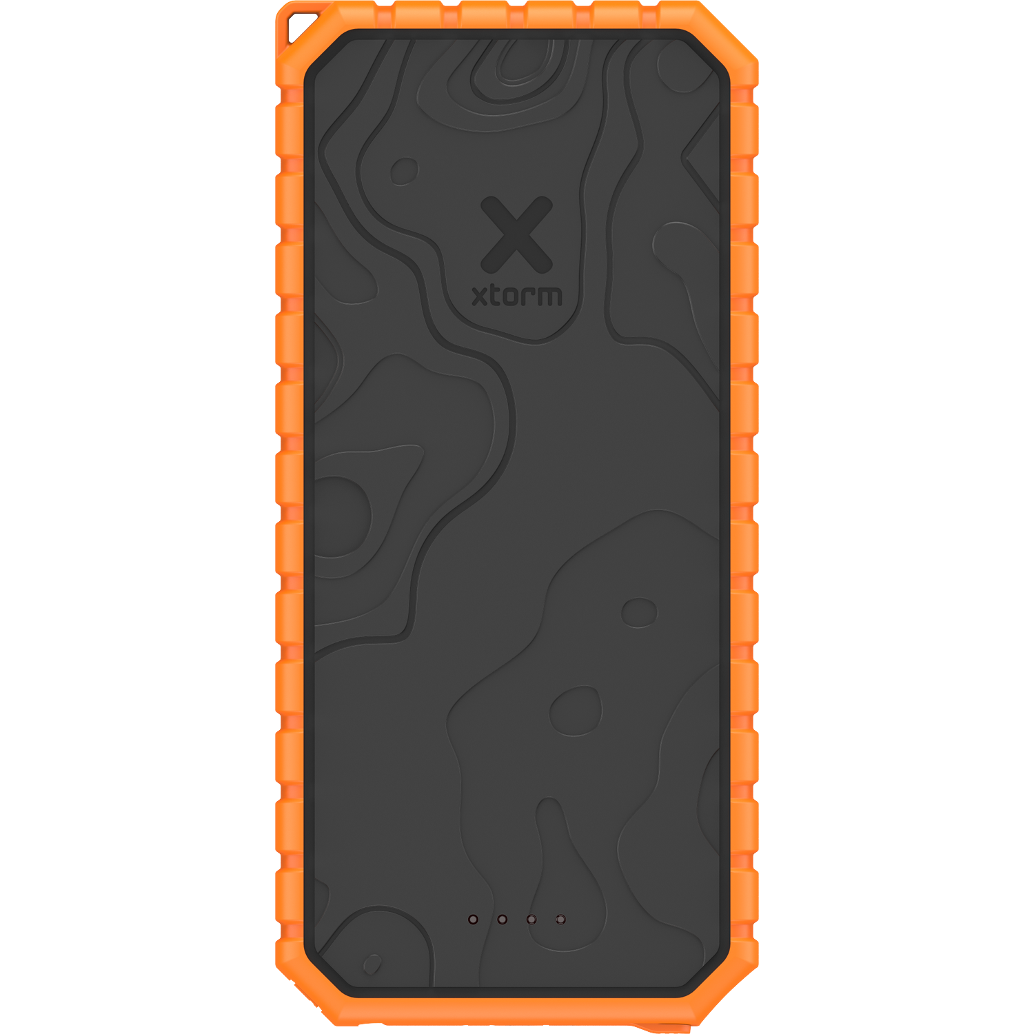 Een zwarte powerbank met oranje rand, topografisch patroon.