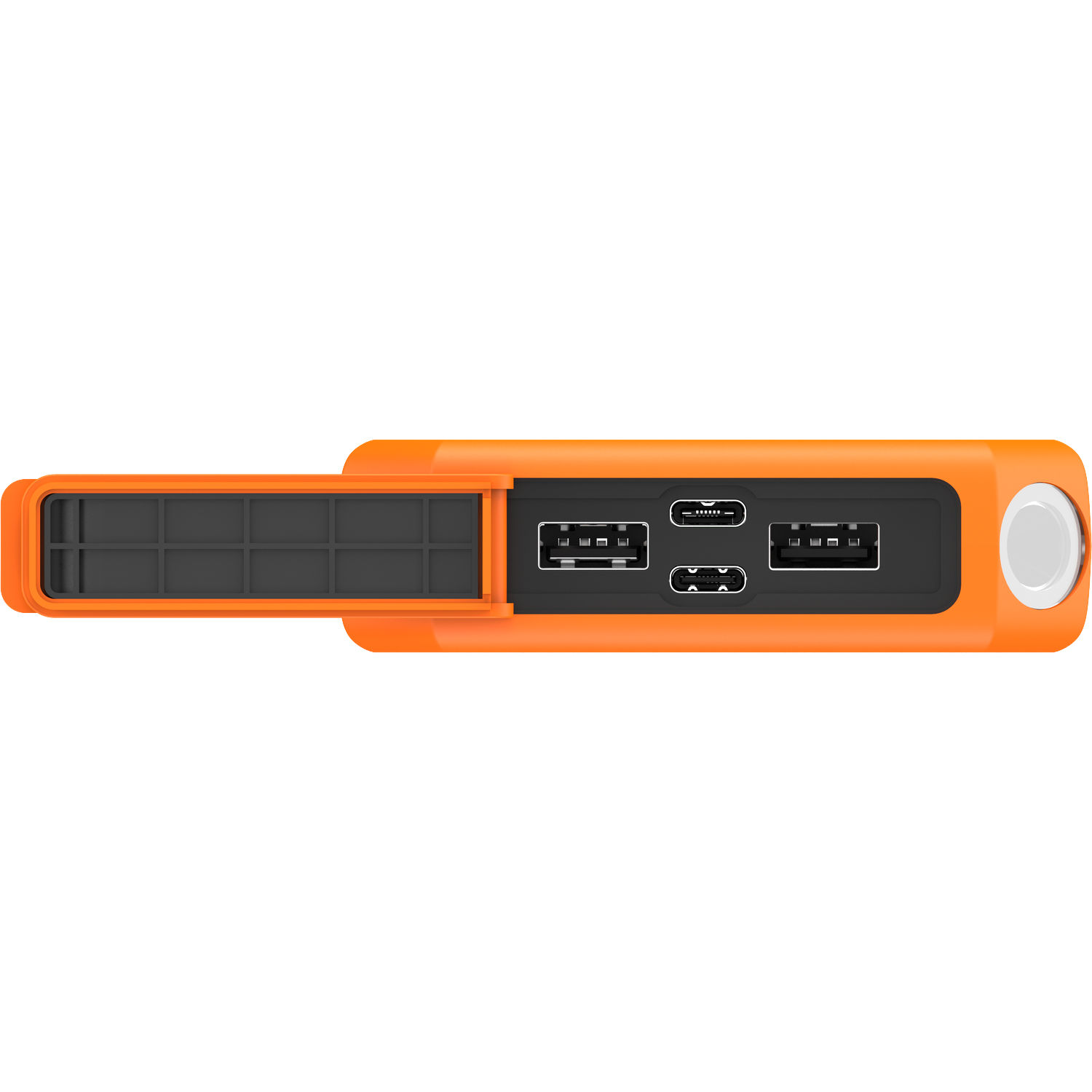 Oranje powerbank met USB-A, USB-C en een uittrekbare poort.