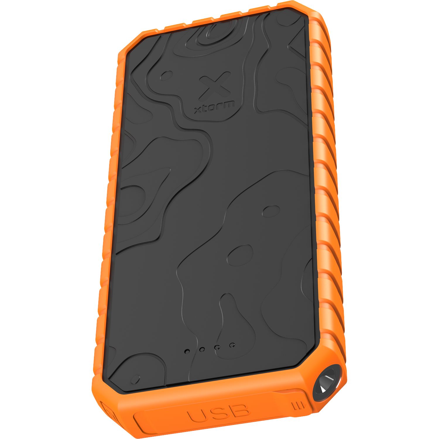 Een oranje Xtorm powerbank met een zwart, topografisch patroonoppervlak.