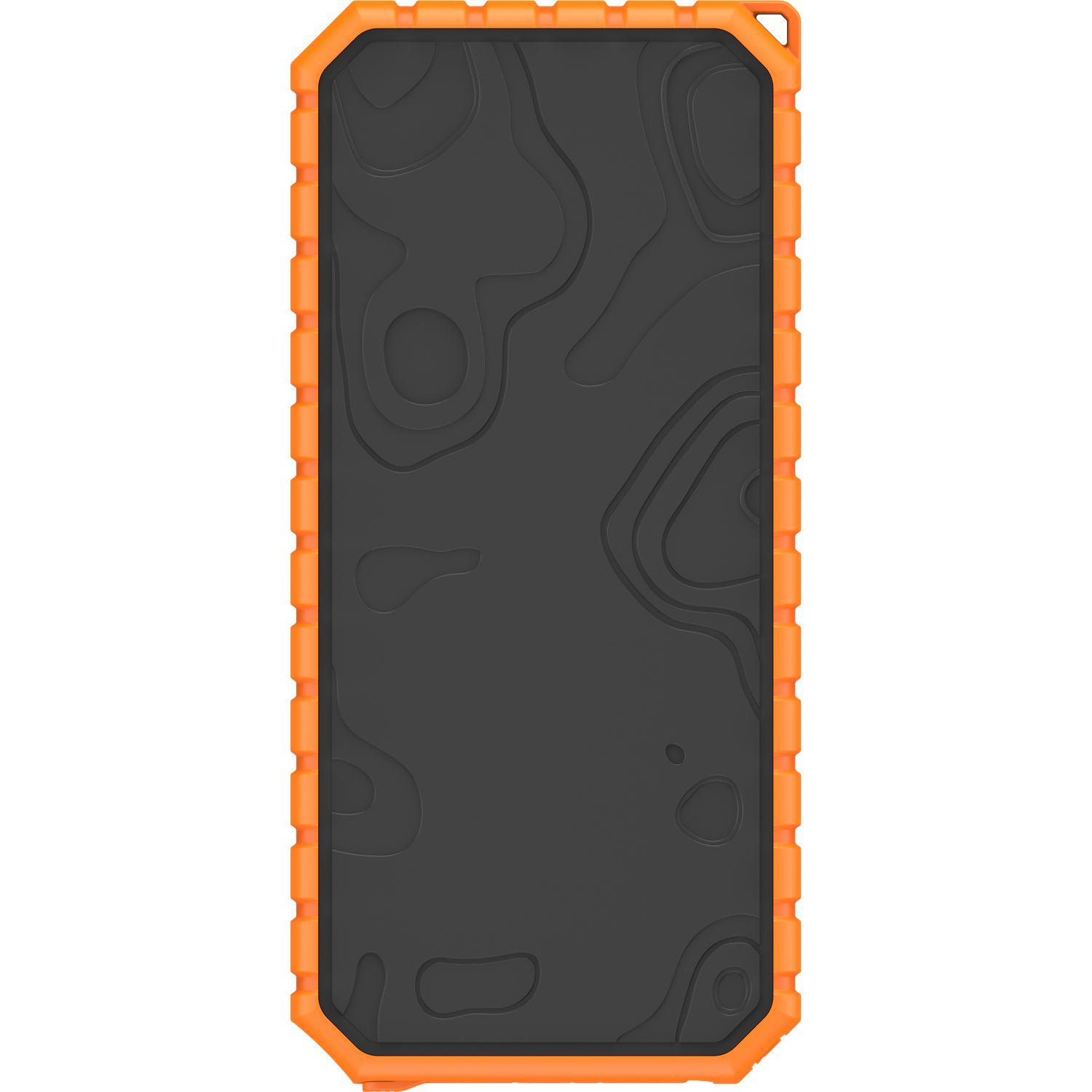 Een oranje robuuste telefoonhoes met zwarte achterkant en topografisch patroon.