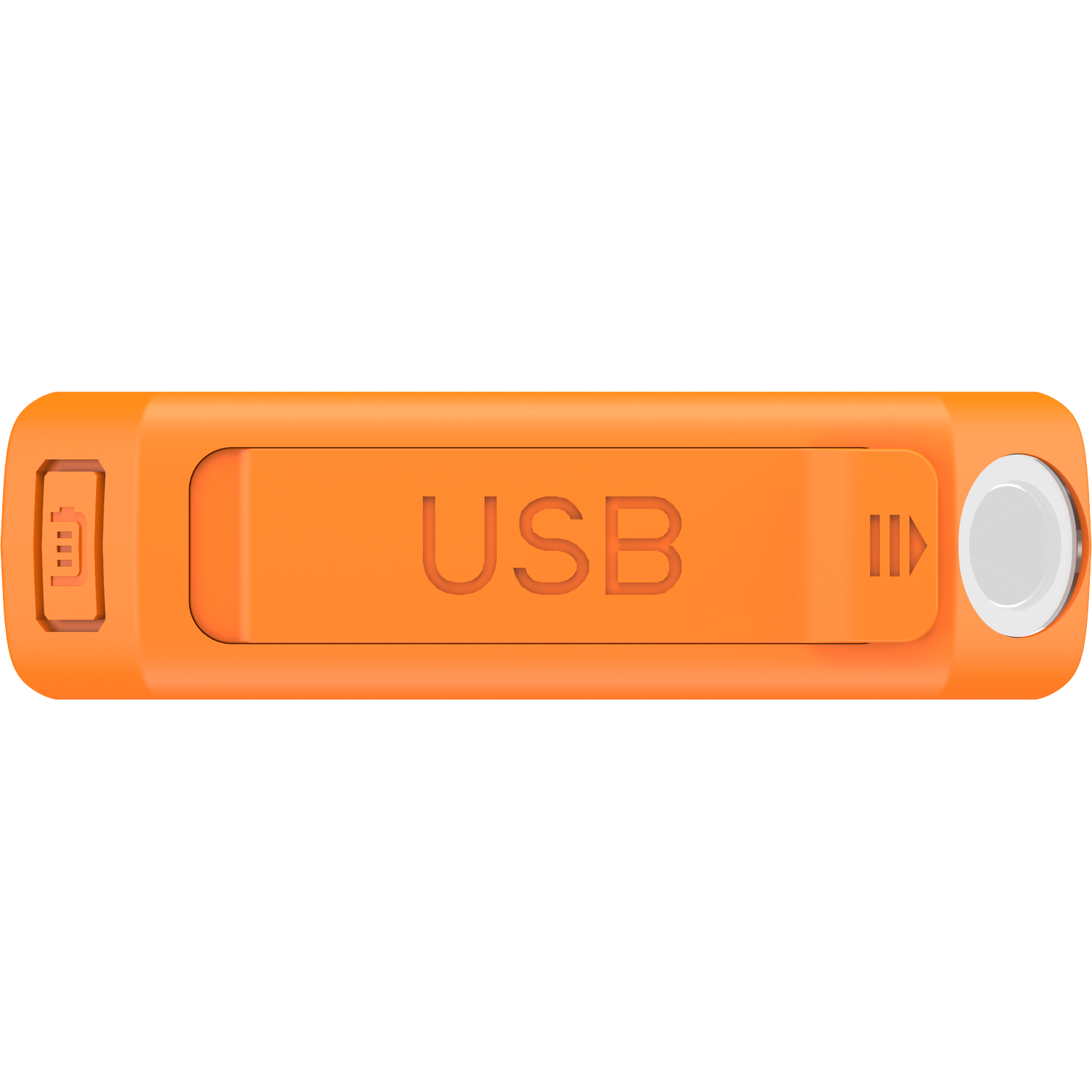 Een oranje USB-stick met de tekst "USB" en een batterij-icoon.