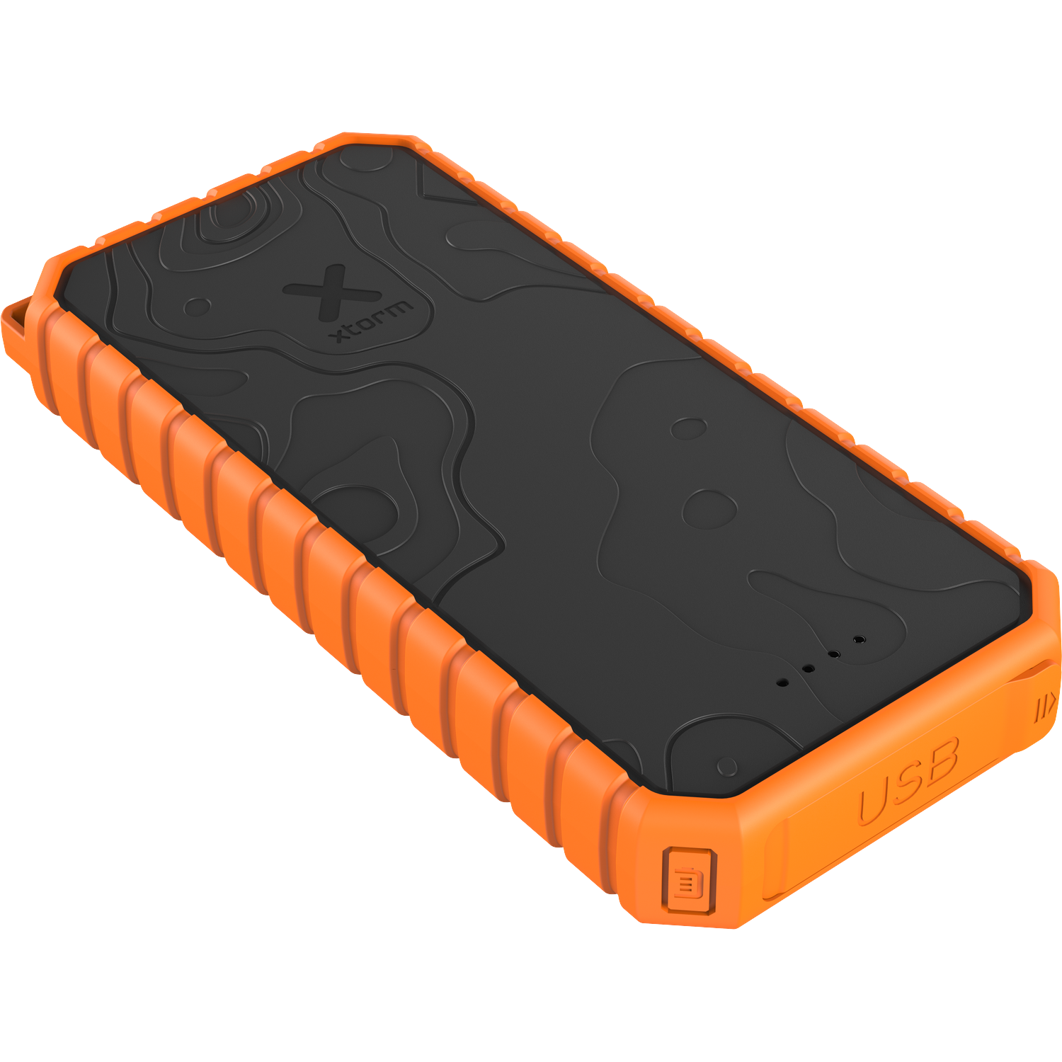 Een zwarte Xtorm powerbank met oranje ruige rand en topografisch patroon.