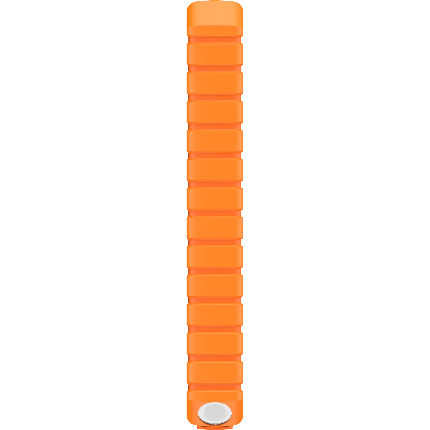 Een oranje armband van rechthoekige segmenten met een zilveren knop.