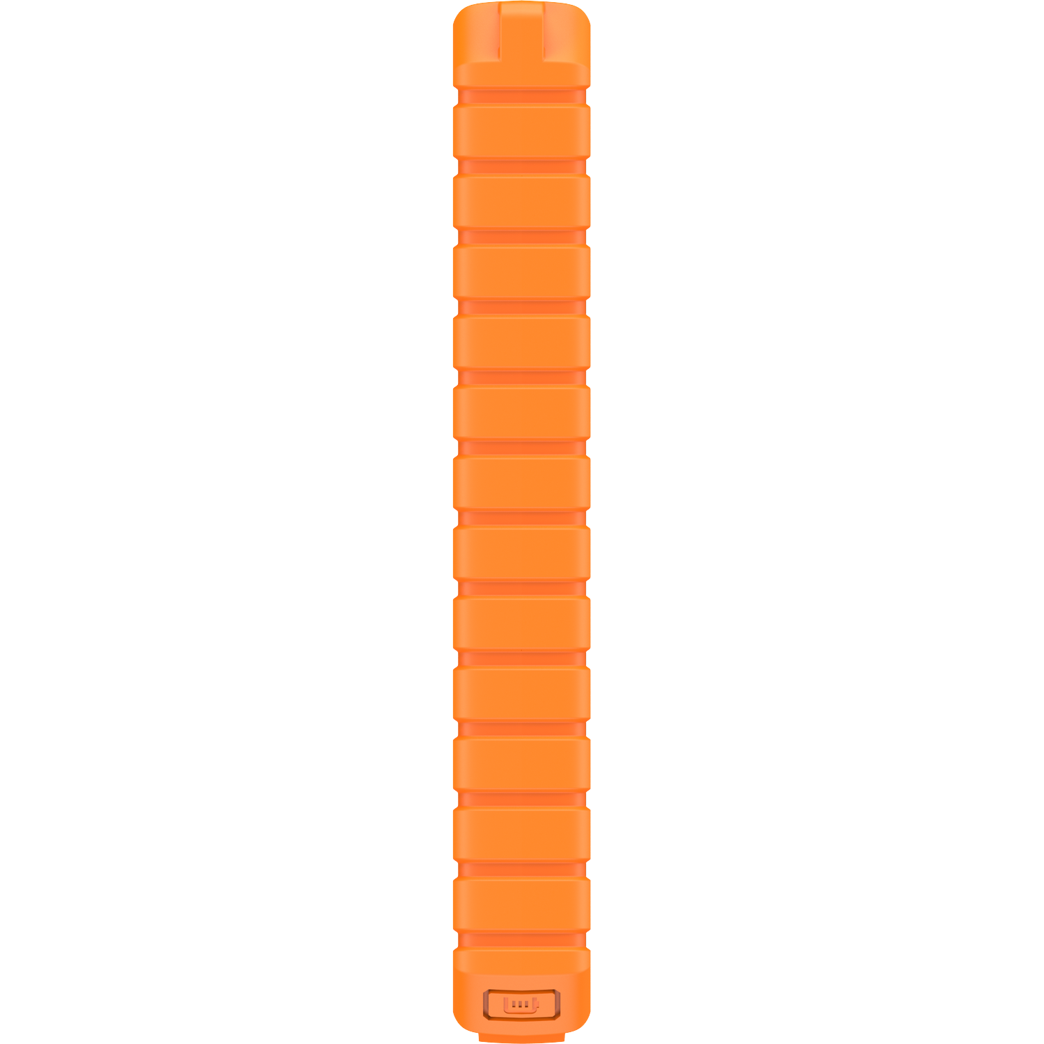 Een oranje, rechthoekig object met horizontale groeven en een kleine knop onderaan.