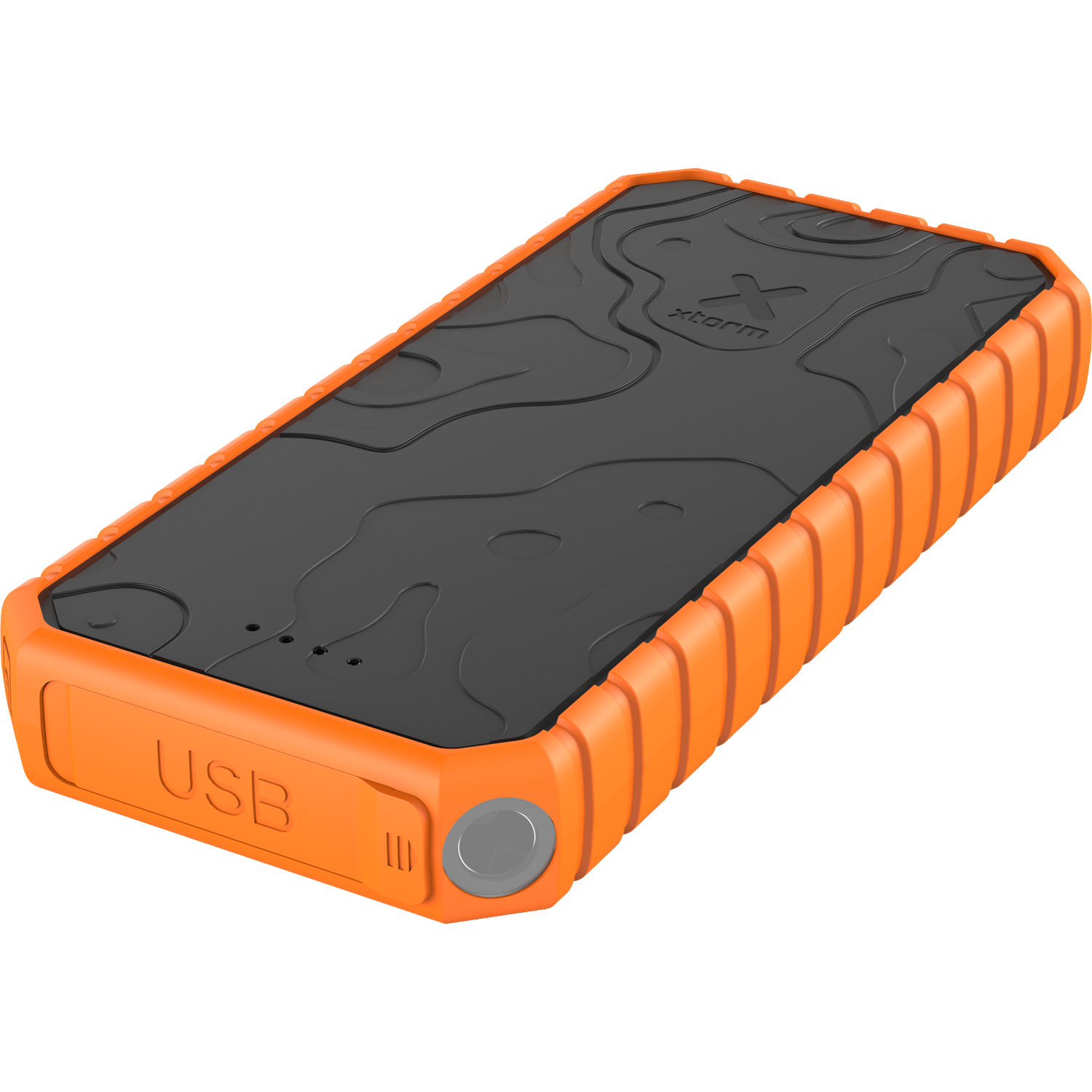 Oranje powerbank met zwart bovenvlak met topografisch patroon.