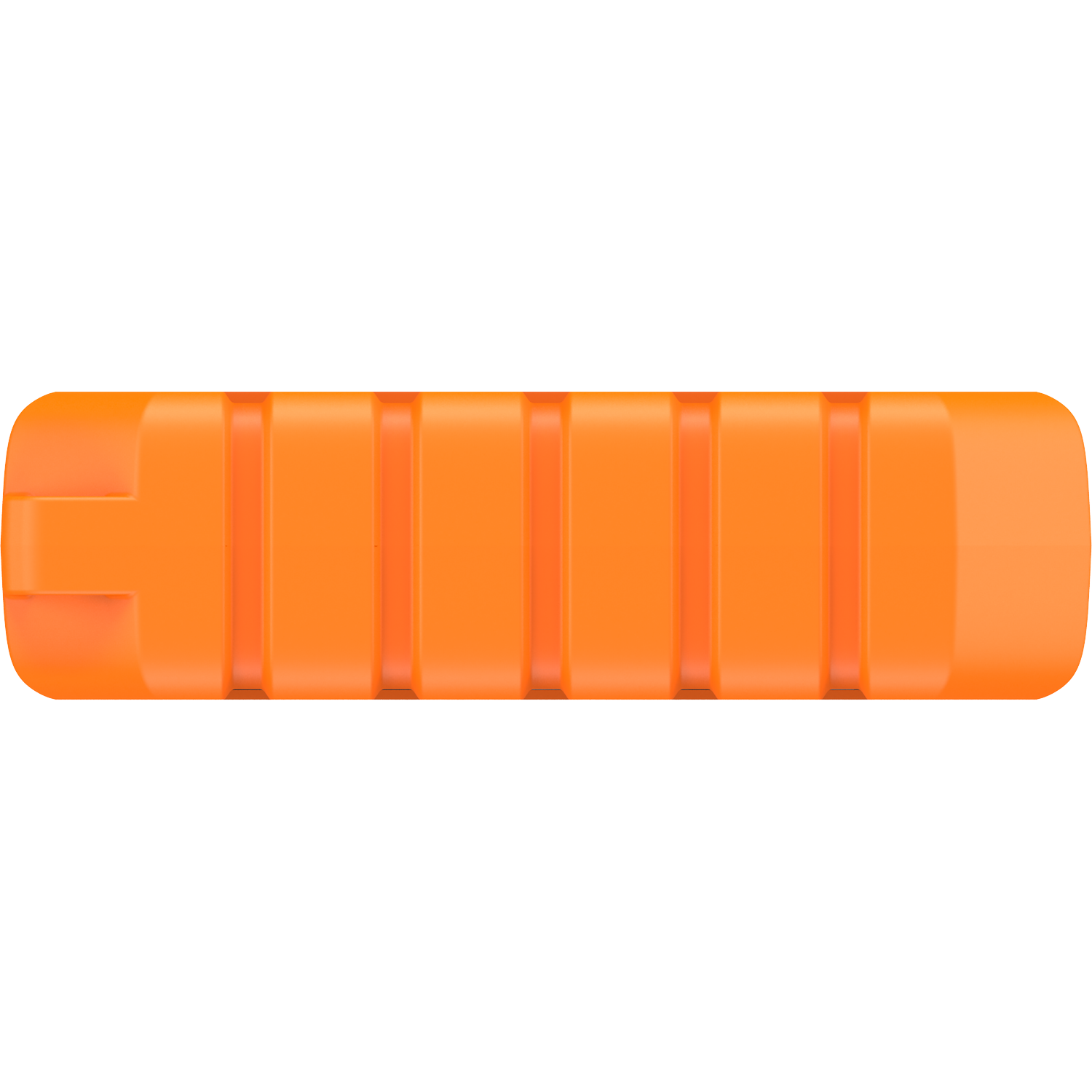 Een oranje, rechthoekig object met verticale groeven en afgeronde uiteinden.