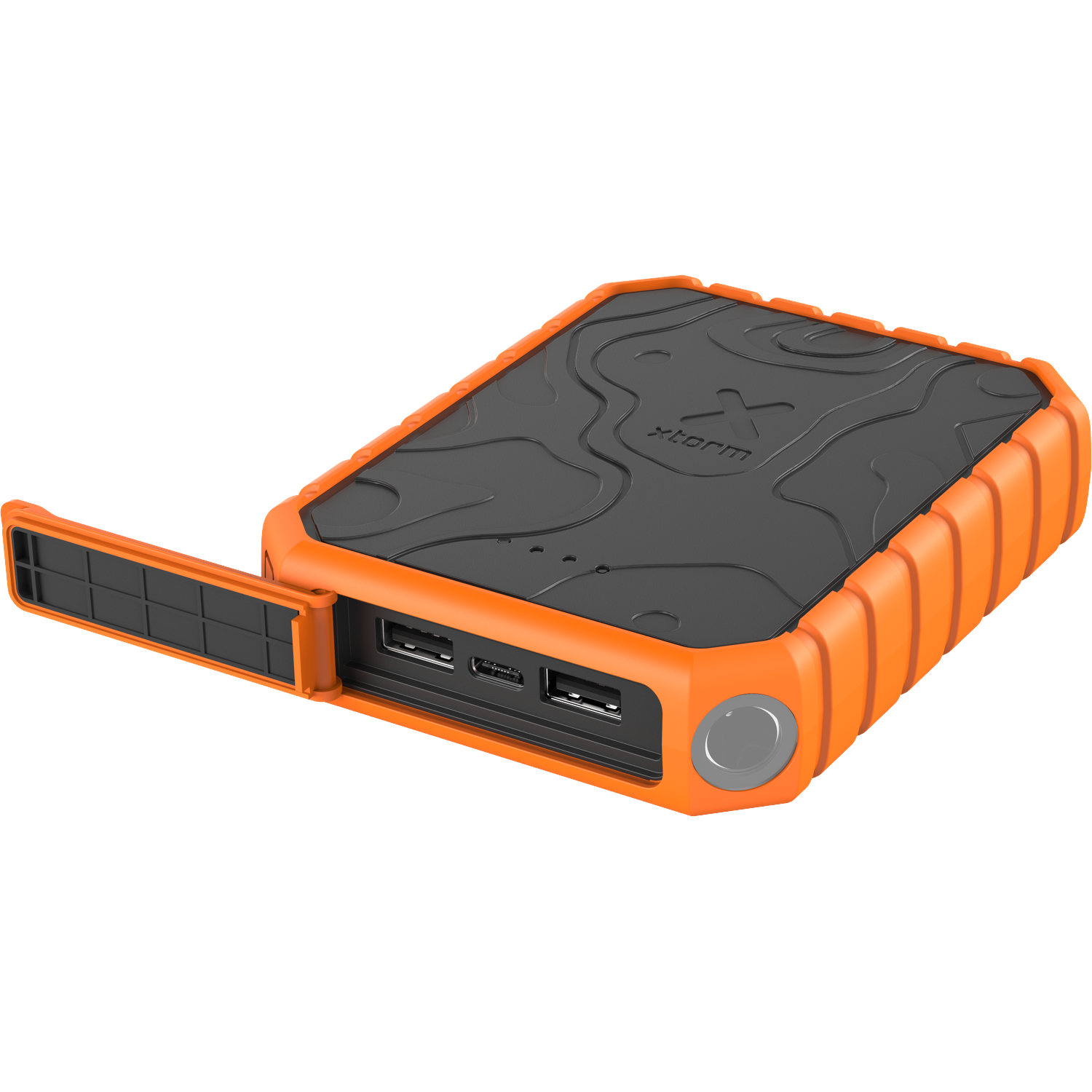 Orange power bank with black top, two USB ports, and an open flap.