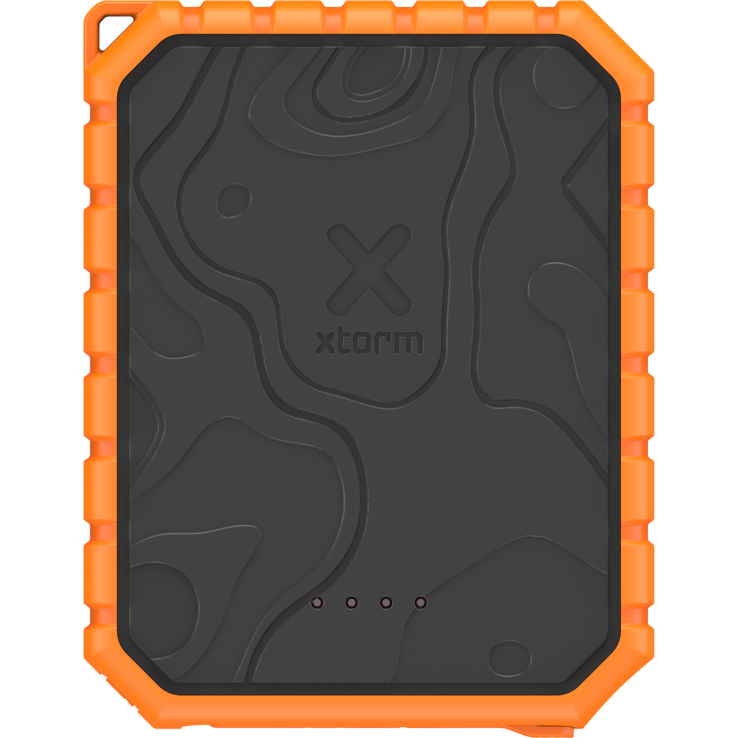 Black power bank with orange rugged casing and topography pattern.