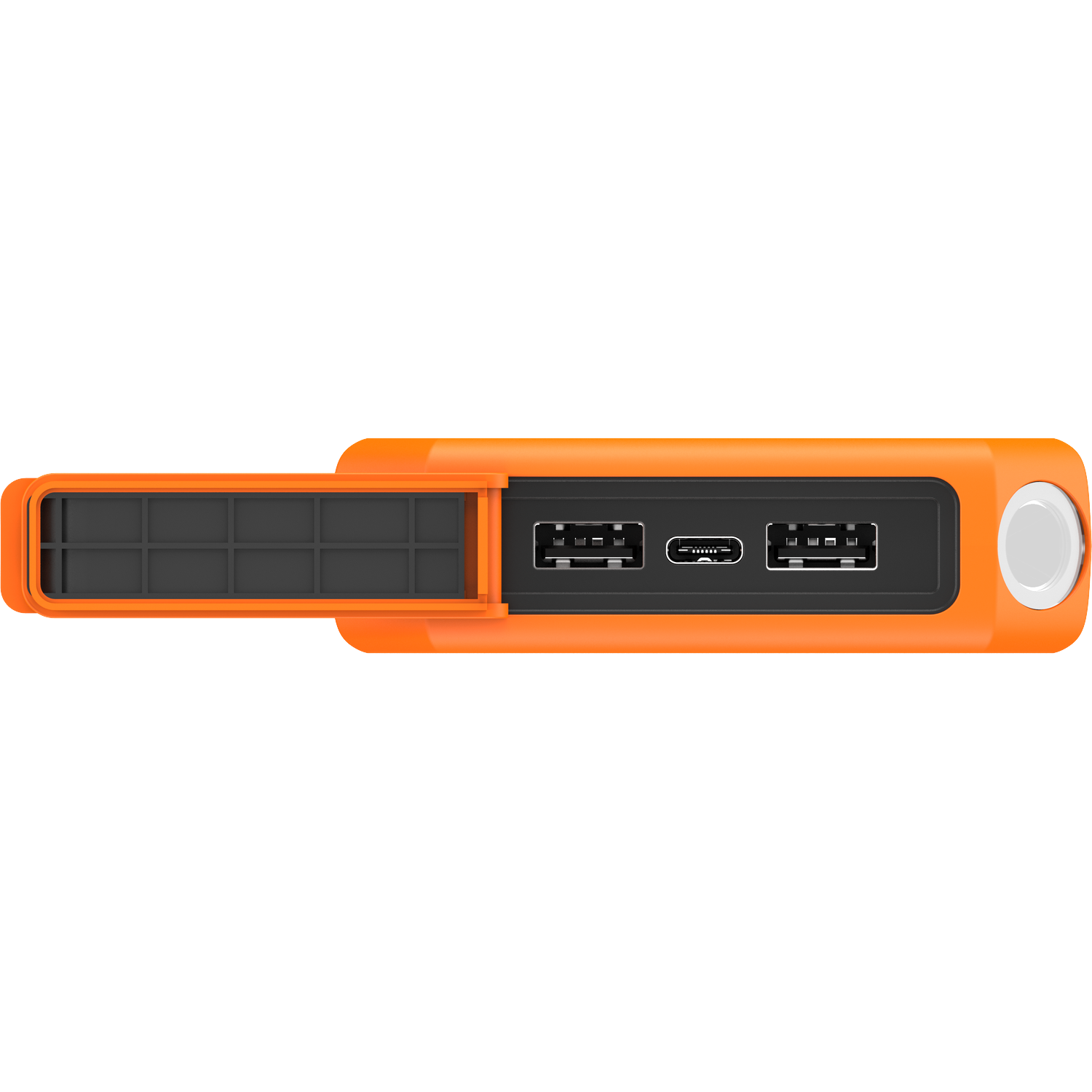 Orange power bank with open compartment and two USB ports.