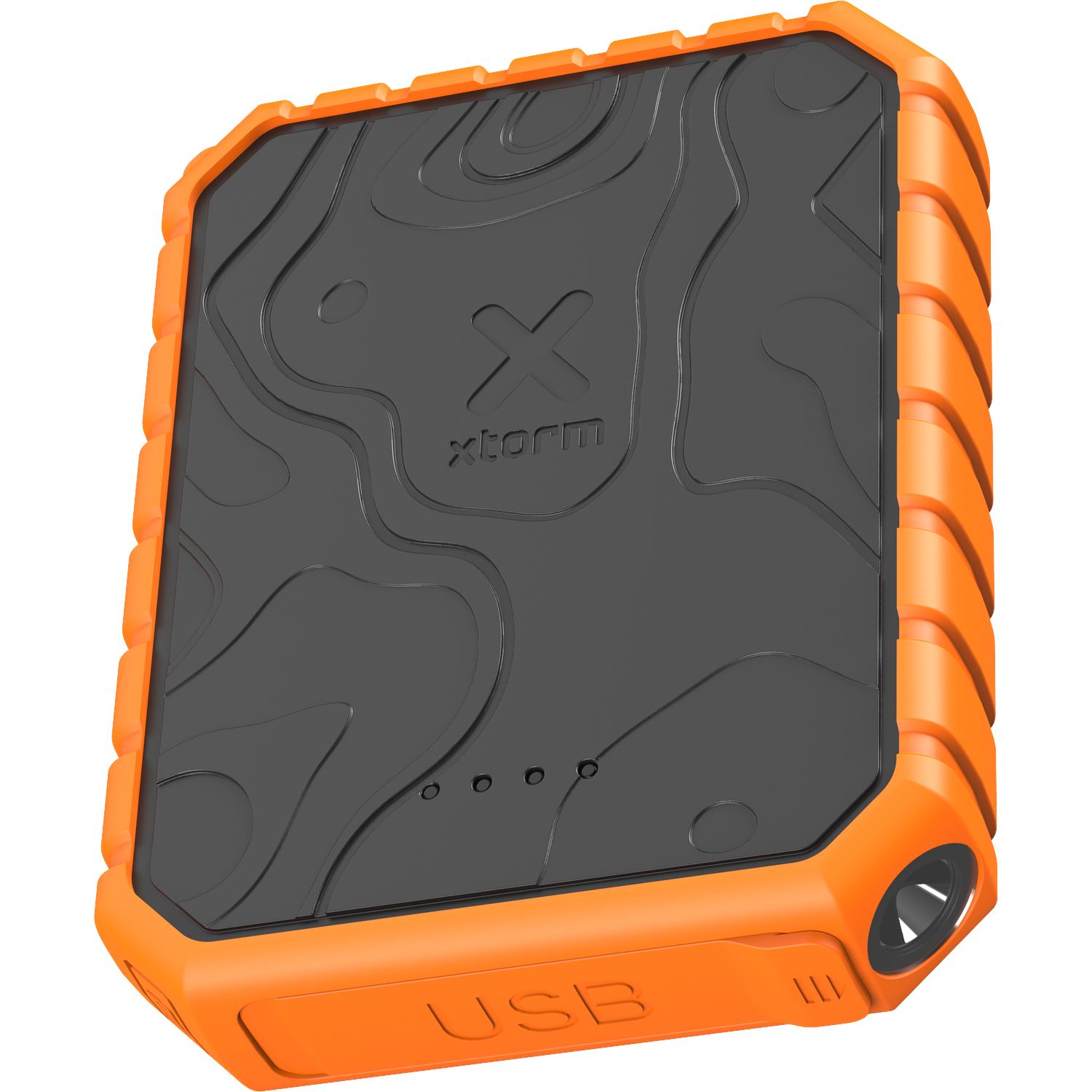 Orange power bank with black textured top. Features USB port and flashlight.