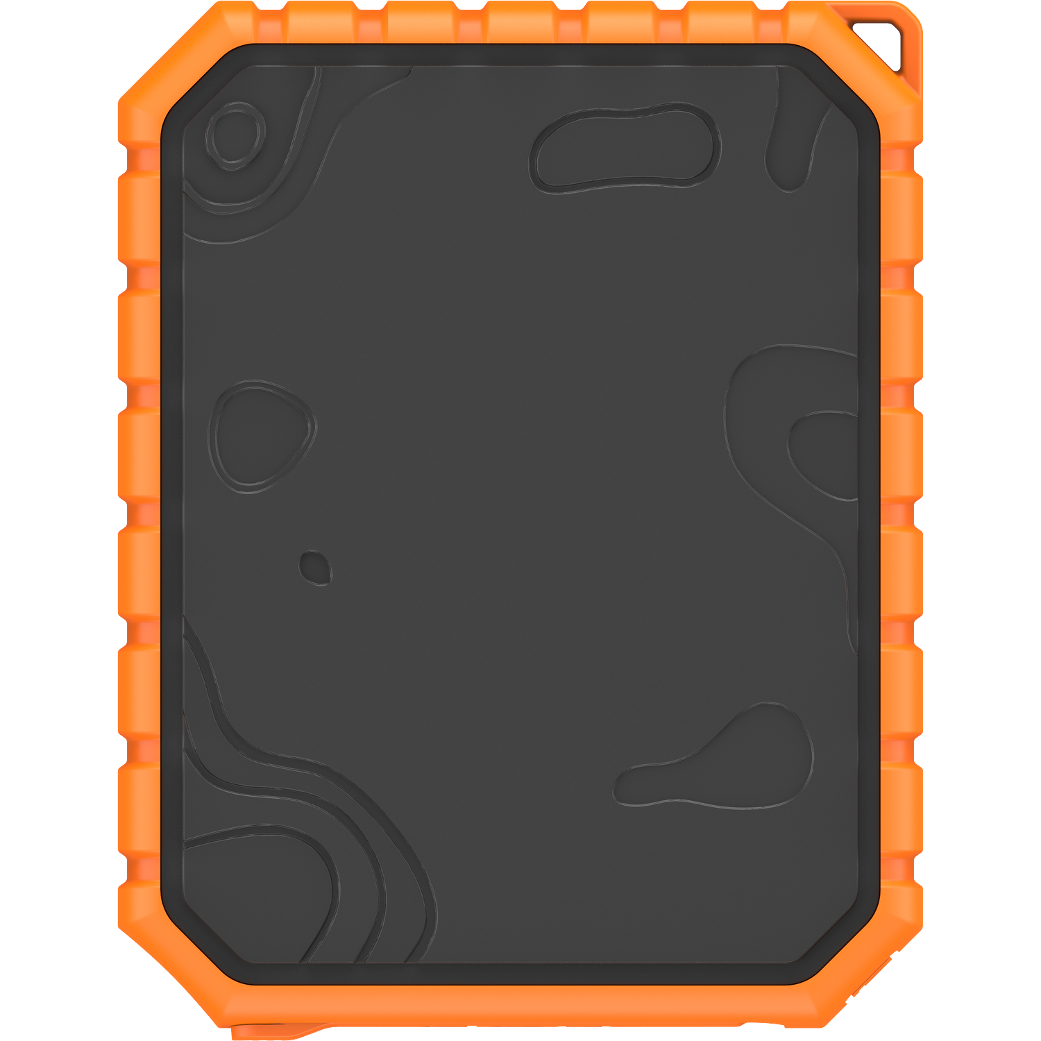 A black rectangle with an orange border and topo-like patterns.