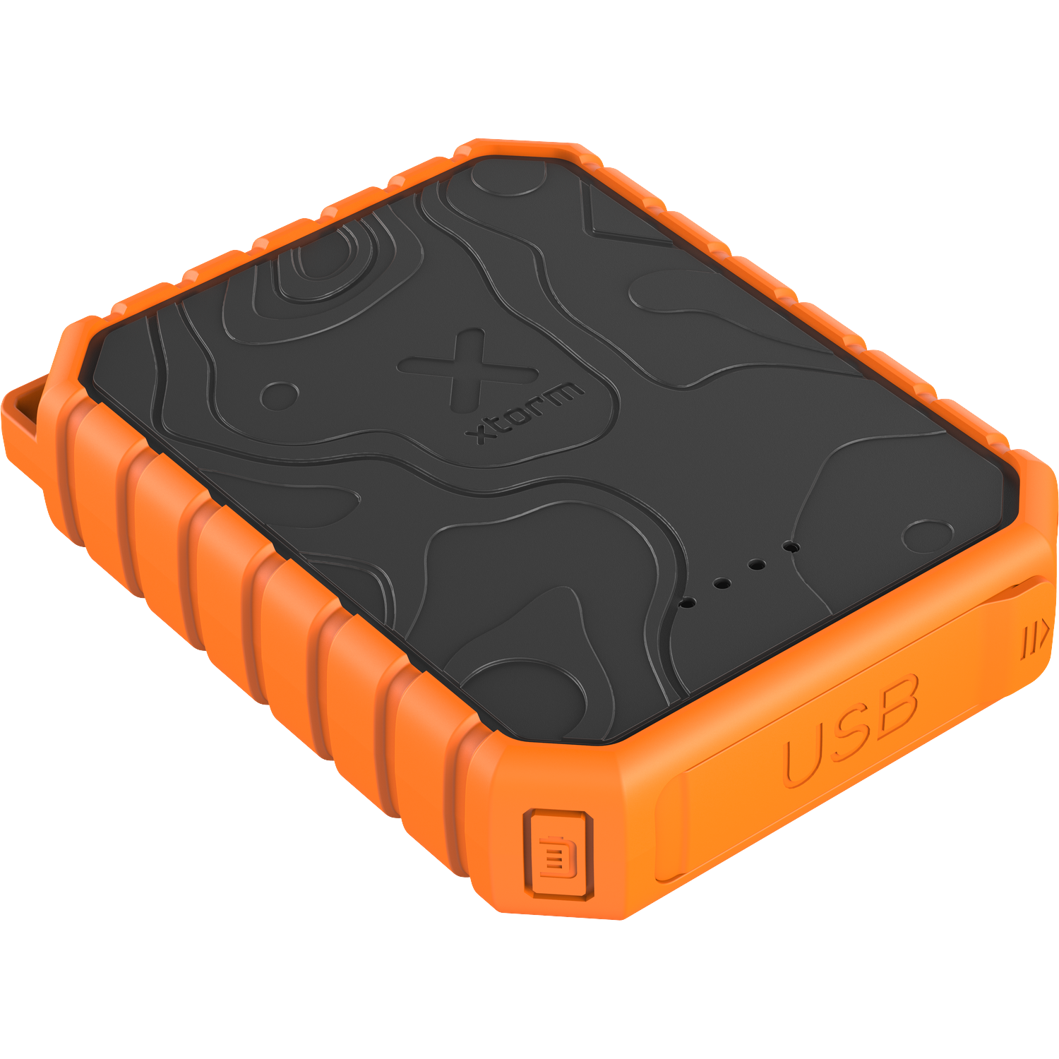 An orange, rugged power bank with a black top featuring a topographic pattern.