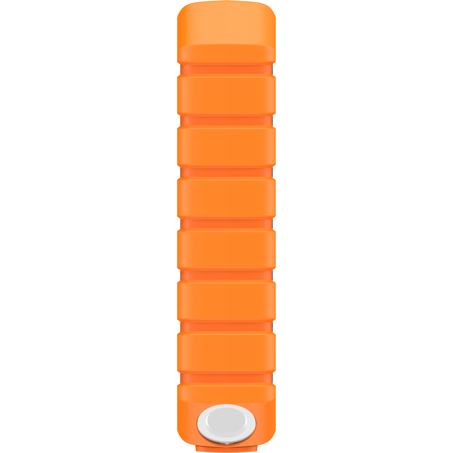 An orange watch band with white accents on a white background.